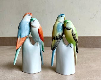 Parrot Pair Porcelain Figurine Budgie Mid-Century Bird Sculpture Vintage Hollohaza Modern Sideboard Decor MCM Mothers Day Gift for Grandma