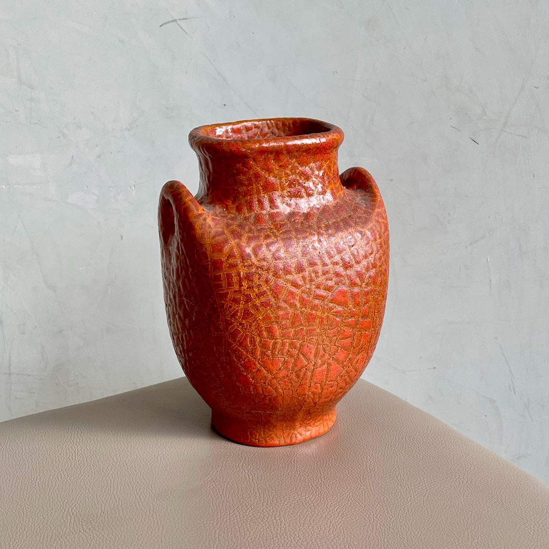 Vintage Burnt Orange Ceramic Vase – Mid-century Modern Cracked Glaze Pottery