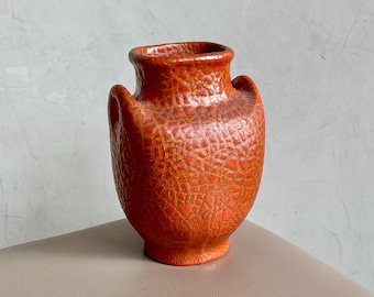 Jarrón de cerámica vintage color naranja quemado – Cerámica moderna de mediados de siglo con esmalte agrietado