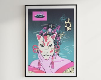 Anime Art Print | Kitsune Mask "Rotting Inside" | Japanese Folklore Illustration Poster | Dark Wall Art | A5 A4 A3 Print