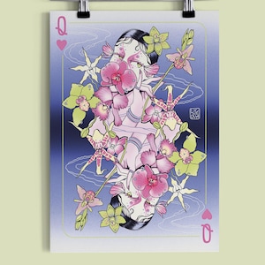 Reine des orchidées | Carte à jouer Reine des coeurs | Portrait floral botanique abstrait, affiche d'illustration A5, A4, A3, impression d'art, art mural