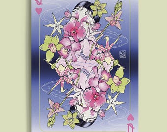 Botanical Art Print | Queen of Orchids Playing Card Illustration | Abstract Floral Portrait Poster | Wall Art | A5 A4 A3 Print