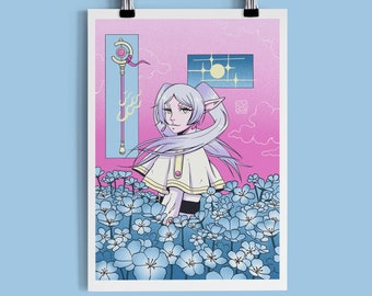 Anime Art Print | Elf Mage in the Blue Moon Flower Field | A5 A4 A3 Illustration Poster, Aesthetic Anime Fanart Print