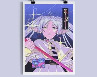 Anime Portrait Art Print | The White Hair Elf Mage | A5 A4 A3 Illustration Poster, Aesthetic Anime Fanart Print