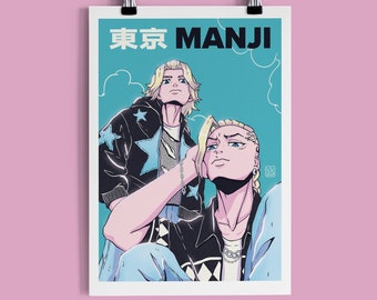 Y2K Anime Streetwear Art Print | Tokyo Delinquent Boys Selfie | A5 A4 A3 Illustration Poster | Aesthetic Anime Fanart Wall Art