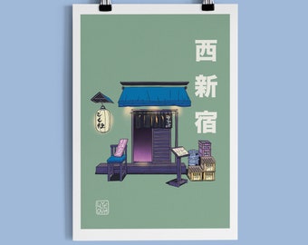 Nishishinjuku | Japanese Tokyo storefront | A5, A4, A3 Illustration Poster, Art Print, Wall Art, Japanese art