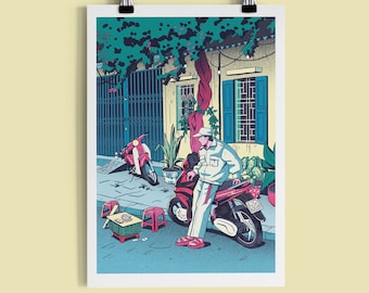Vietnam Art Print | Hanoi Sidewalk Break Cityscape | Vietnamese Landscape Illustration Poster | Travel Wall Art | A5 A4 A3 Print