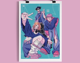 Y2K Anime Streetwear Art Print | First Years Trio Selfie | A5 A4 A3 Illustration Poster | Aesthetic Anime Fanart Wall Art