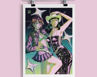 Y2K Anime Streetwear Art Print | Neon Pirate Sister Duo | A5 A4 A3 Illustration Poster | Aesthetic Neon Cyberpunk Fanart Wall Art
