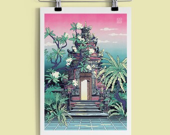 Bali Art Print | Ubud Entrance to Peace | Balinese Landscape Illustration Poster | Travel Wall Art | A5 A4 A3 Print | Bali Wall Decor