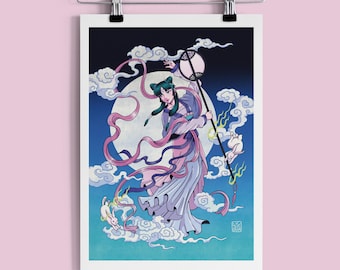Anime Art Print | The Moon Fairy Dancing with Rabbits | A5 A4 A3 Illustration Poster, Aesthetic Anime Fanart Print | Chinese Art Print