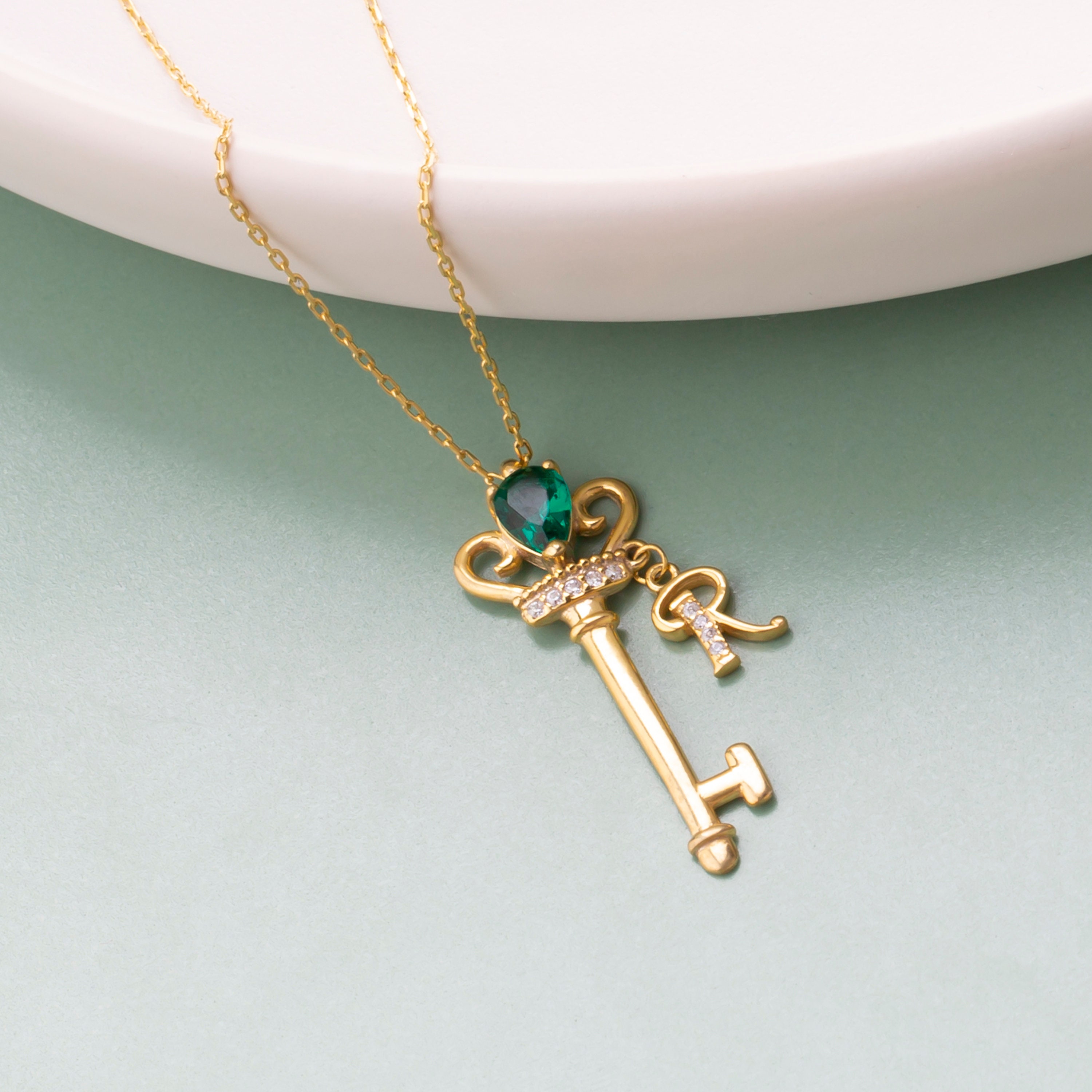 Gold Lock & Key Initial Pendant Necklace - D