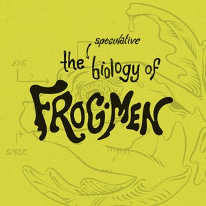 Puede incluir: Un fondo amarillo con una ilustración negra de una criatura parecida a una rana con el texto "the speculative biology of FROG MEN" y las etiquetas "eye" y "smile".