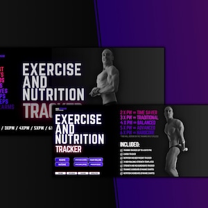 May include: A digital marketing image for an Excel spreadsheet that helps track exercise and nutrition. The image features a black background with purple accents. The text "EXERCISE AND NUTRITION TRACKER" is displayed in a large, bold font. The image also includes a list of muscle groups and workout plans.