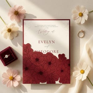 Peut inclure: Une carte d'invitation de mariage avec les prénoms Evelyn et Theodore en texte rouge foncé, partiellement recouverte par une découpe laser florale rouge profond. La carte est entourée de fleurs cosmos blanches et roses et d'une bague en or.