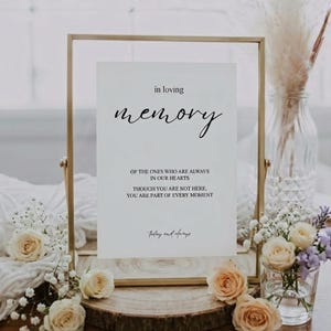 May include: A gold-framed sign with the words "in loving memory" in elegant script. The sign includes the text "Of the ones who are always in our hearts" and "Though you are not here, you are part of every moment." The sign is surrounded by flowers.