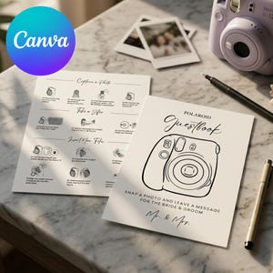 Puede incluir: Un libro de visitas de boda con una ilustración de cámara Polaroid y el texto "Polaroid Guestbook". La imagen también incluye una cámara Instax morada, fotos impresas y un bolígrafo. También se ven instrucciones para tomar fotos.