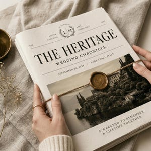 May include: A stack of wedding newspapers titled "The Heritage" with a sepia-toned image of a lake and buildings. The newspaper is tied with twine and sealed with a gold wax stamp. The text includes the wedding date and location.