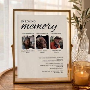May include: A framed memorial print with the words "In Loving Memory" and the names Elizabeth Harrington, Charles Harrington, and Victoria Monroe. The print includes photos and a heartfelt message.