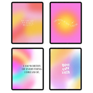 Puede incluir: Cuatro pantallas de teléfono digital con fondos de degradado de colores y citas motivacionales. Las citas son: "Tú creas tu propia realidad", "El crecimiento no es lineal", "Soy digno de todo lo que sueño", y "Tú tienes esto".