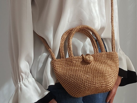 Crochet PATTERN, Raffia Mini Basket Bag, Crossbody Bag With