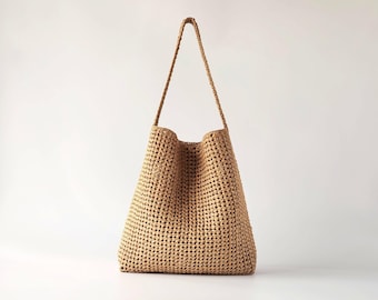 Crochet PATTERN & VIDEO: Simone Raffia Net Beach Tote Tutorial, Easy Slouchy Mesh Shoulder Bag, Straw Market Purse DIY, Digital pdf