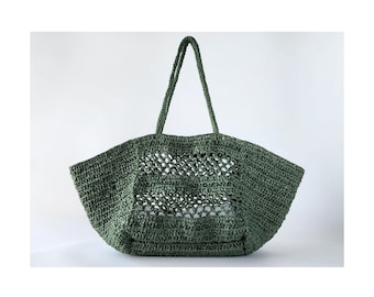 Crochet PATTERN: Large Lightweight Raffia Paper Beach Bag, Straw Summer Tote, Long Handle Shoulder Bag Pdf/Video Digital