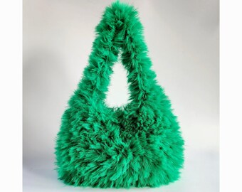 Crochet PATTERN: Lulu Shaggy Faux Fur Hobo Bag, Furry Party/Wedding/Prom Handbag, Easy Plush Fluffy Shoulder Purse Pdf/Video Tutorial