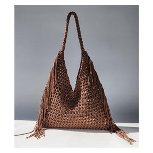 かぎ針編みパターン：フリンジディテールのボヘミアンコットンビーチバッグ、メッシュショルダーバッグのPDFビデオチュートリアル、簡単な夏のハンドバッグ（デジタルダウンロード）