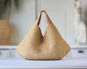Crochet PATTERN & VIDEO: Lily Raffia Beach Bag, Slouchy Hobo Handbag Tutorial, Easy Large Straw Shoulder Purse, DIY Origami Bag Digital pdf