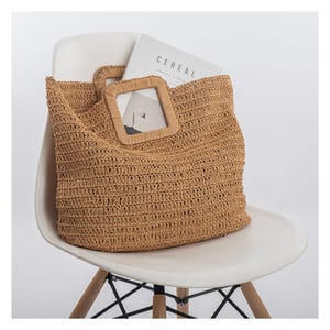 PATRÓN DE GANCHILLO: Bolso de mano de rafia con asa cuadrada, bolso de mano plegable de mimbre y paja, bolso de playa holgado y plegable con base ovalada. Tutorial de crochet en PDF.