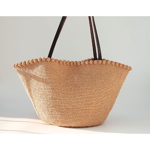 Crochet Beach Bag PATTERN: KARIA Raffia Basket Tote with Leather Handle, Easy DIY Summer Purse pdf/video (Digital Download)