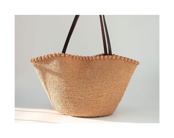 Crochet Beach Bag PATTERN: KARIA Raffia Basket Tote with Leather Handle, Easy DIY Summer Purse pdf/video (Digital Download)