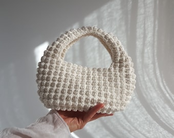 Crochet PATTERN, Aida Cotton Hobo Bag, Small Bobble Stitch Handbag, DIY Bag PDF Tutorial, Woven Women Purse, Cotton Summer Bag, Gift for Her