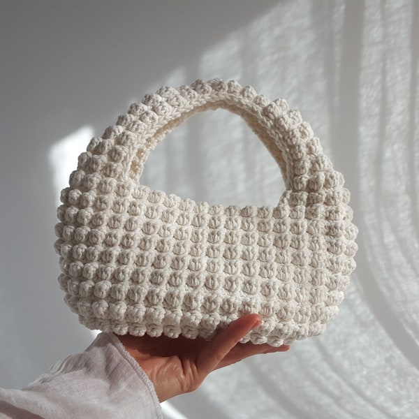 Crochet PATTERN: Aida Cotton Hobo Bag, Small Bobble Stitch Handbag, PDF/Video Bag Tutorial, DIY Women Summer Purse