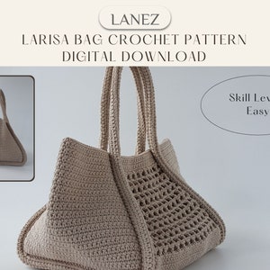 Op de afbeelding: Een beige gehaakte tote bag met een geweven patroon. De tas heeft twee handvatten en wordt getoond op een witte achtergrond. Vaardigheidsniveau: Gemakkelijk.