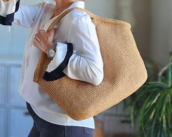 Crochet PATTERN & VIDEO: Large Raffia Beach Bag, Small Cotton Tote, Easy Shoulder Purse Tutorial, DIY Handbag Digital pdf, 2 Sizes in 1
