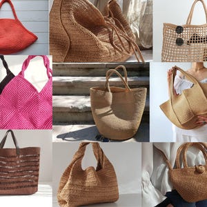 May include: A selection of woven tote bags in different styles and colours. The bags include a vibrant red tote, a brown open-weave bag, and a pink geometric-patterned bag. Other bags are in natural tones, with different handle designs.