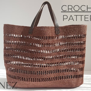 Häkelmuster, große Bast-Einkaufstasche mit Ledergriffen, Netz-Markttasche, Stroh-Shopper, einfache DIY-Strandtasche PDF-Anleitung, Sommerhandtasche