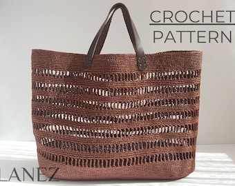 Crochet Bag PDF PATTERN, Large Raffia Tote with Leather Handles, Net Market Bag, Straw Shopper, Easy DIY Beach Bag Tutorial, Summer Handbag