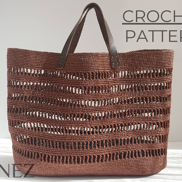 Crochet Bag PDF PATTERN, Grand fourre-tout en raphia avec poignées en cuir, Net Market Bag, Straw Shopper, Tutoriel de sac de plage facile à faire soi-même, Sac à main d'été