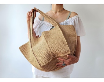 Crochet PATTERN & VIDEO: Ivy Large Raffia Beach Bag, Straw Summer Shoulder Tote, Easy DIY Weekender Handbag Tutorial