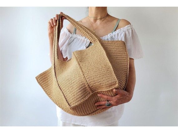 Crochet PATTERN & VIDEO: Ivy Large Raffia Beach Bag, Straw Summer Shoulder Tote, Easy DIY Weekender Handbag Tutorial