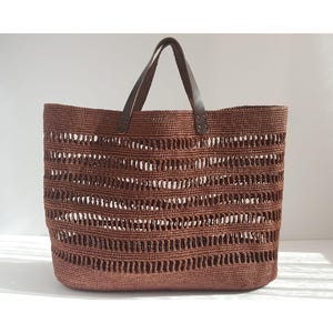 Häkelanleitung: BOLU XL Bast Tasche mit Leder Griffen, Sommernetz Geldbörse, Stroh Shopper, einfache Strandtasche Pdf Anleitung