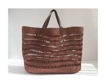 Crochet Pattern: BOLU XL Raffia Bag with Leather Handles, Summer Net Market Purse, Straw Shopper, Easy DIY Beach Tote Pdf Tutorial