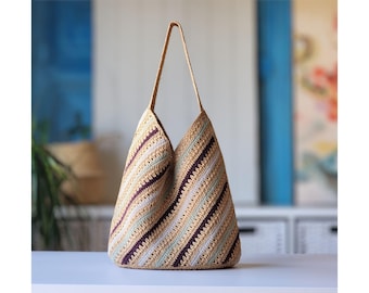 Crochet PATTERN & VIDEO: TUANA Slouchy Striped Hobo Bag Tutorial, Easy Boho Shoulder Bag, Scrap Raffia / Cotton Purse, Digital pdf