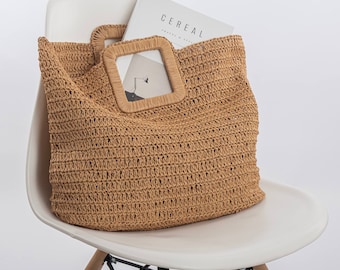 Crochet Bag PDF PATTERN, Large Packable Square Handle Raffia Bag, Foldable Straw Tote, Slouchy Oval Base Beach Bag, DIY Crochet Tutorial