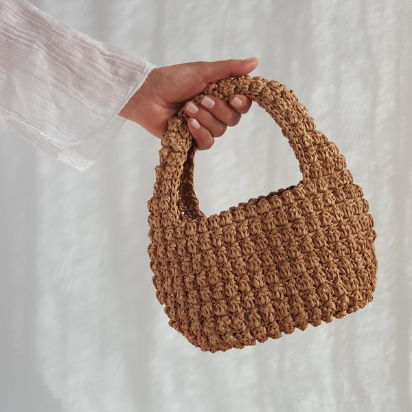 Crochet Bag PATTERN, Aida Raffia Hobo Bag, Small Bobble Stitch Handbag, DIY Bag PDF Tutorial, Woven Straw Women Purse, Raffia Summer Bag