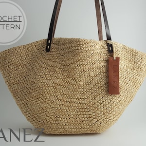 Crochet Bag PDF PATTERN, Straw Basket Shoulder Bag, Raffia Leather Handle DIY Tote Handbag, Woven Knit-Look Boho Purse, Crochet Lovers Gift