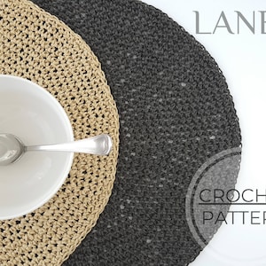 May include: Two crocheted placemats, one beige and one black, with a white bowl and a silver spoon on top of the beige placemat. The text "LANEZ CROCHET PATTERN" is visible in the image.